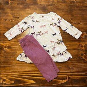 Tea Collection Kids' Horse Print light gray dress with Mauve leggings